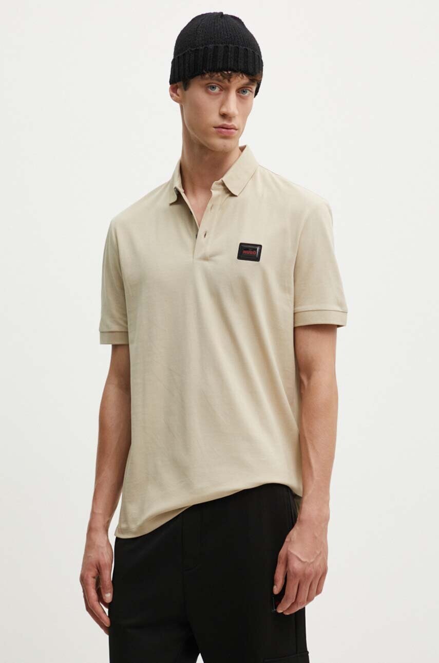 HUGO polo de bumbac culoarea bej, cu imprimeu, 50528173