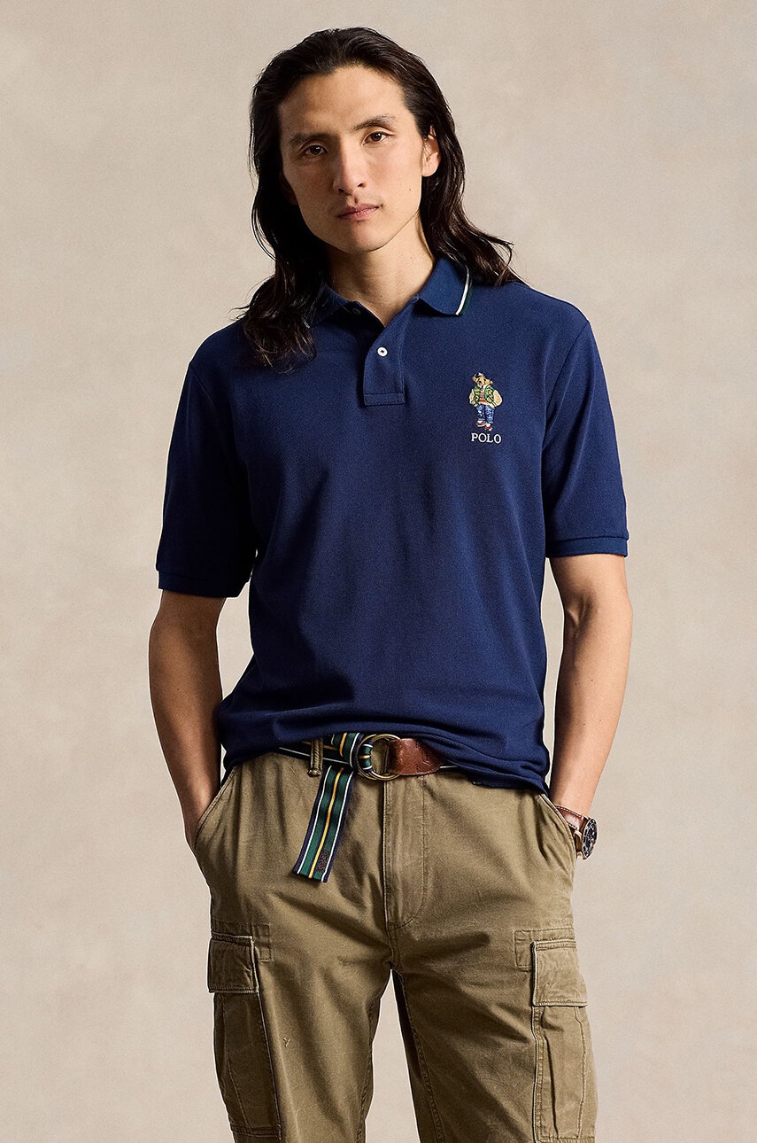 

Памучна тениска с яка Polo Ralph Lauren в тъмносиньо с апликация 710867574, Тъмносин