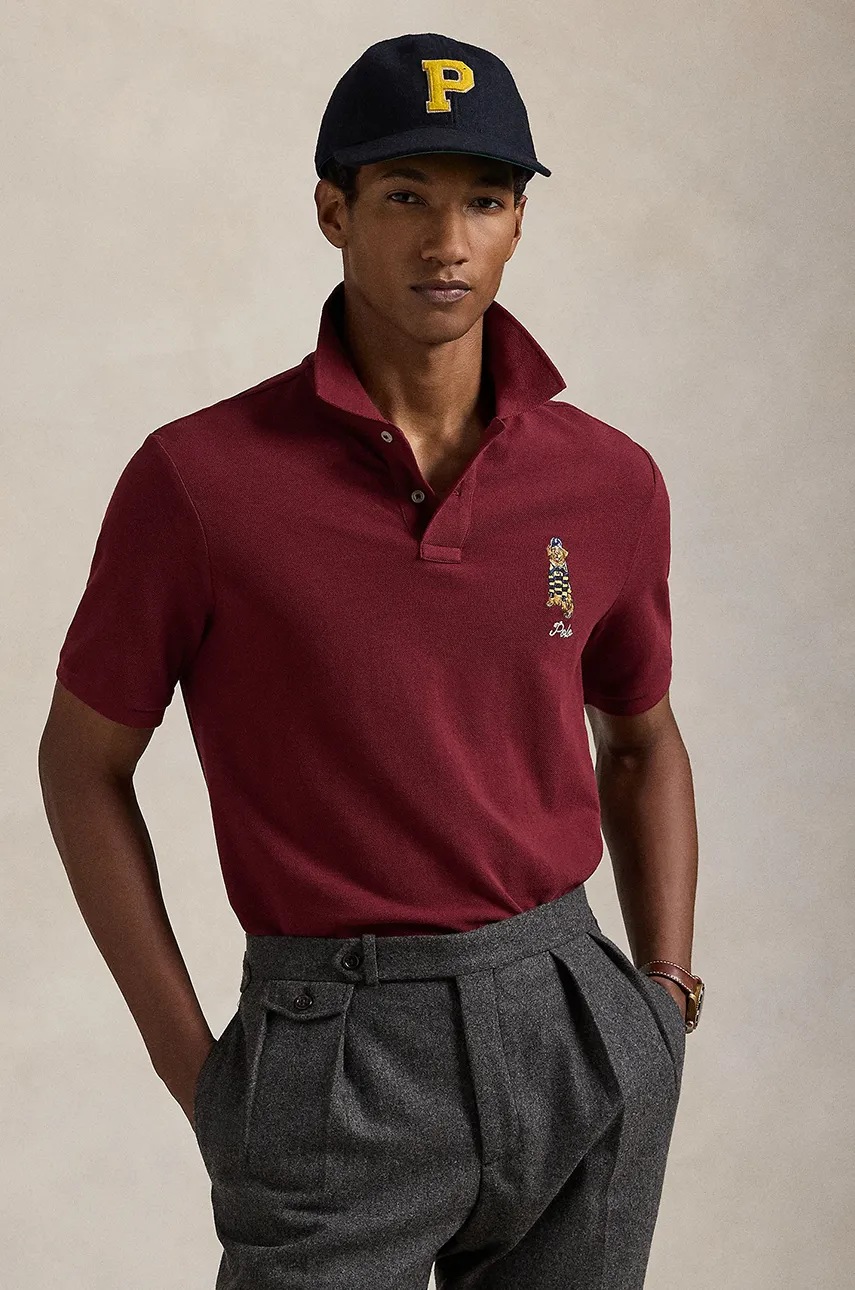 

Памучна тениска с яка Polo Ralph Lauren в бордо с апликация 710953336