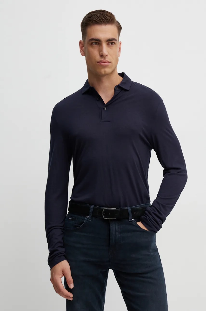 BOSS longsleeve din amestec de lana culoarea albastru marin, neted, 50524320