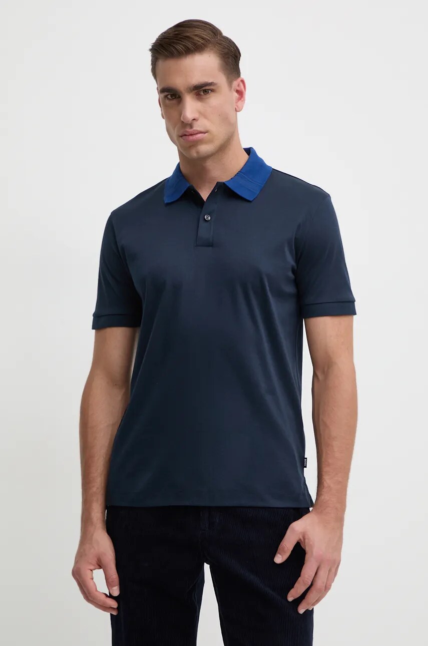 BOSS polo de bumbac culoarea albastru marin, neted, 50521127