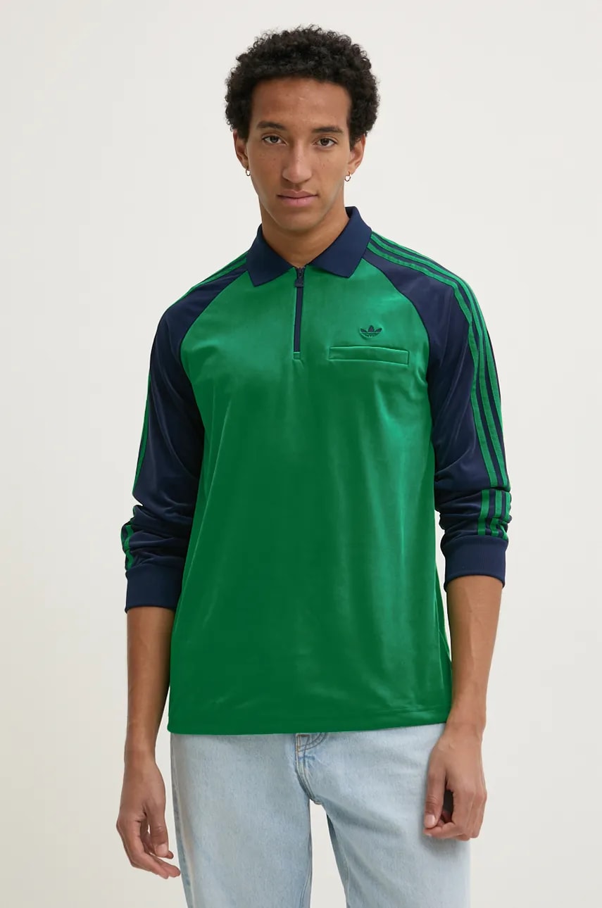 adidas Originals bluză din velur Velour Polo culoarea verde, cu imprimeu, JN5981 adidas Originals bluză din velur Velour Polo culoarea verde, cu imprimeu, JN5981