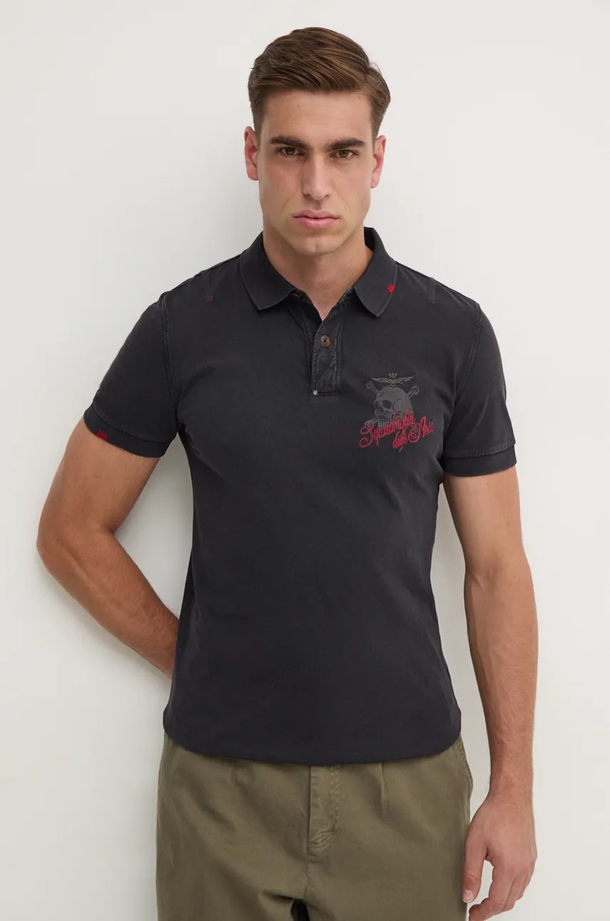 

Памучна тениска с яка Aeronautica Militare в сиво с апликация PO1771J615, Сив