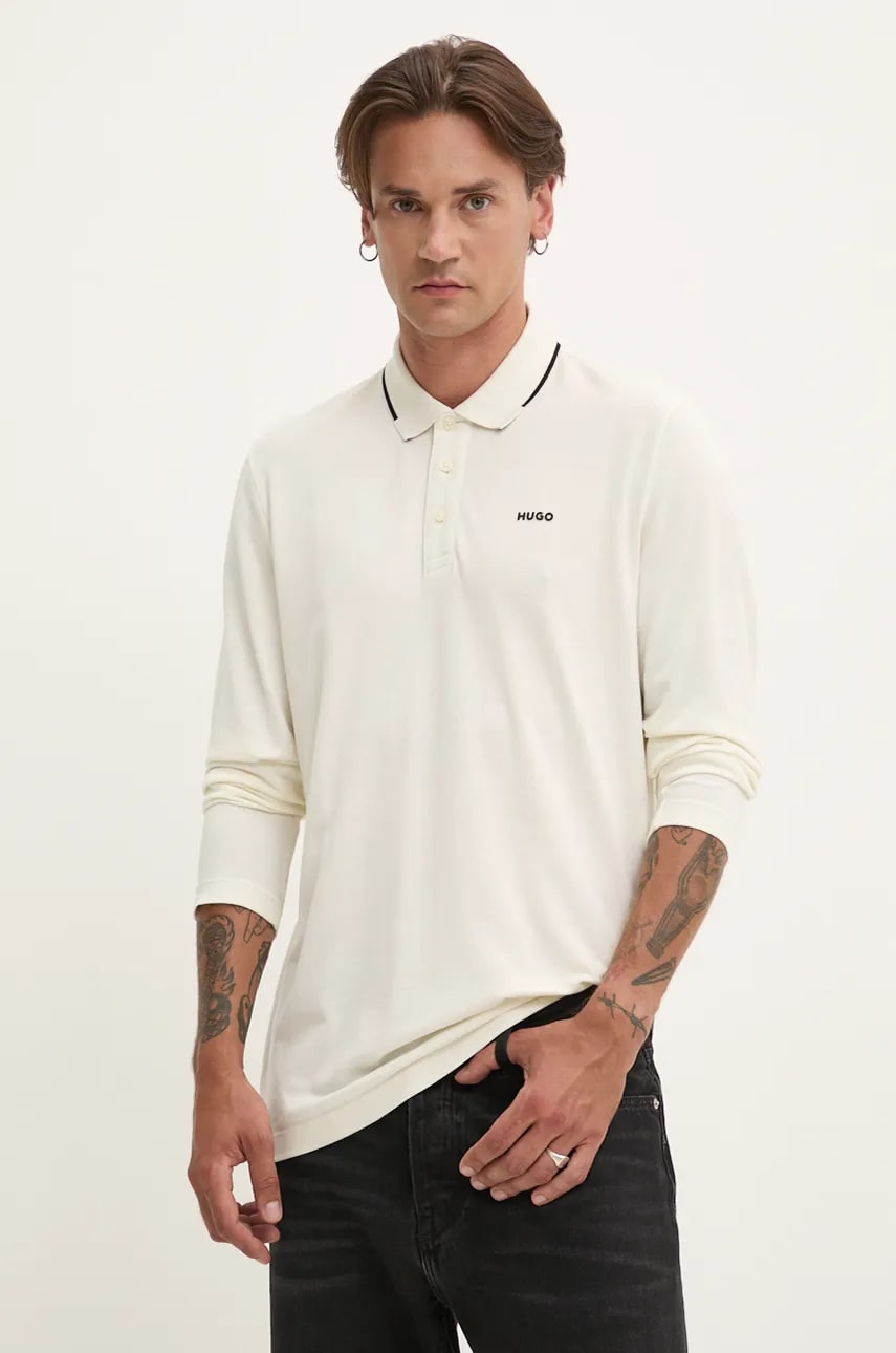 HUGO longsleeve din bumbac culoarea bej, neted, 50525864