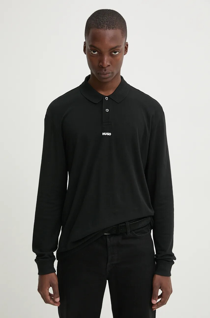 HUGO longsleeve din bumbac culoarea negru, neted, 50528358