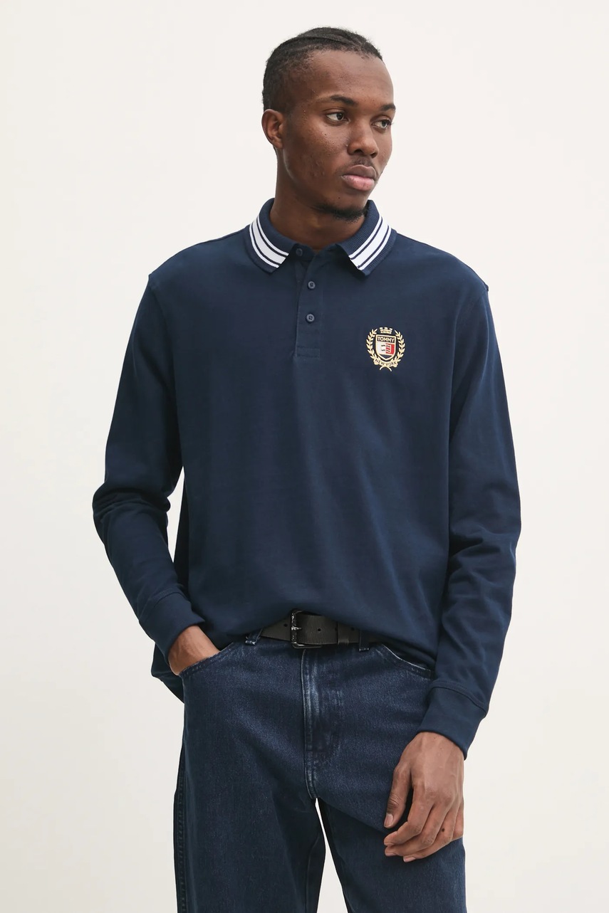 Tommy Jeans longsleeve din bumbac culoarea albastru marin, neted, DM0DM20100