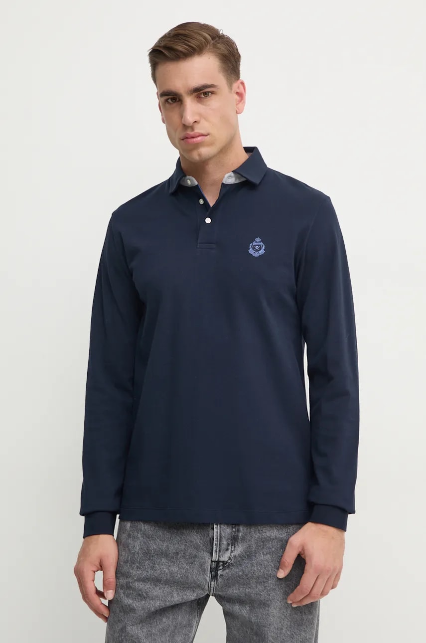 Hackett London longsleeve din bumbac culoarea albastru marin, cu imprimeu, HM550982