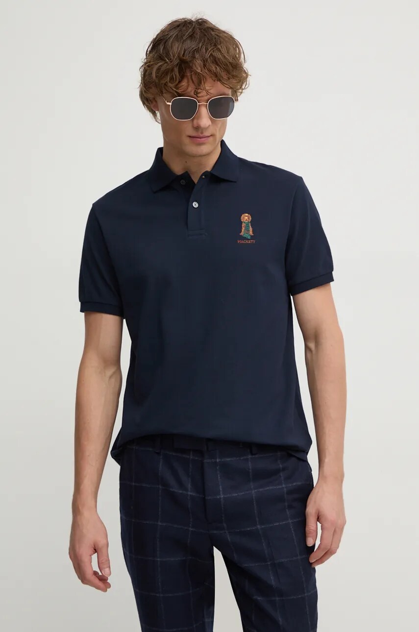 Hackett London polo de bumbac culoarea albastru marin, cu imprimeu, HM563357 Hackett London polo de bumbac culoarea albastru marin, cu imprimeu, HM563357
