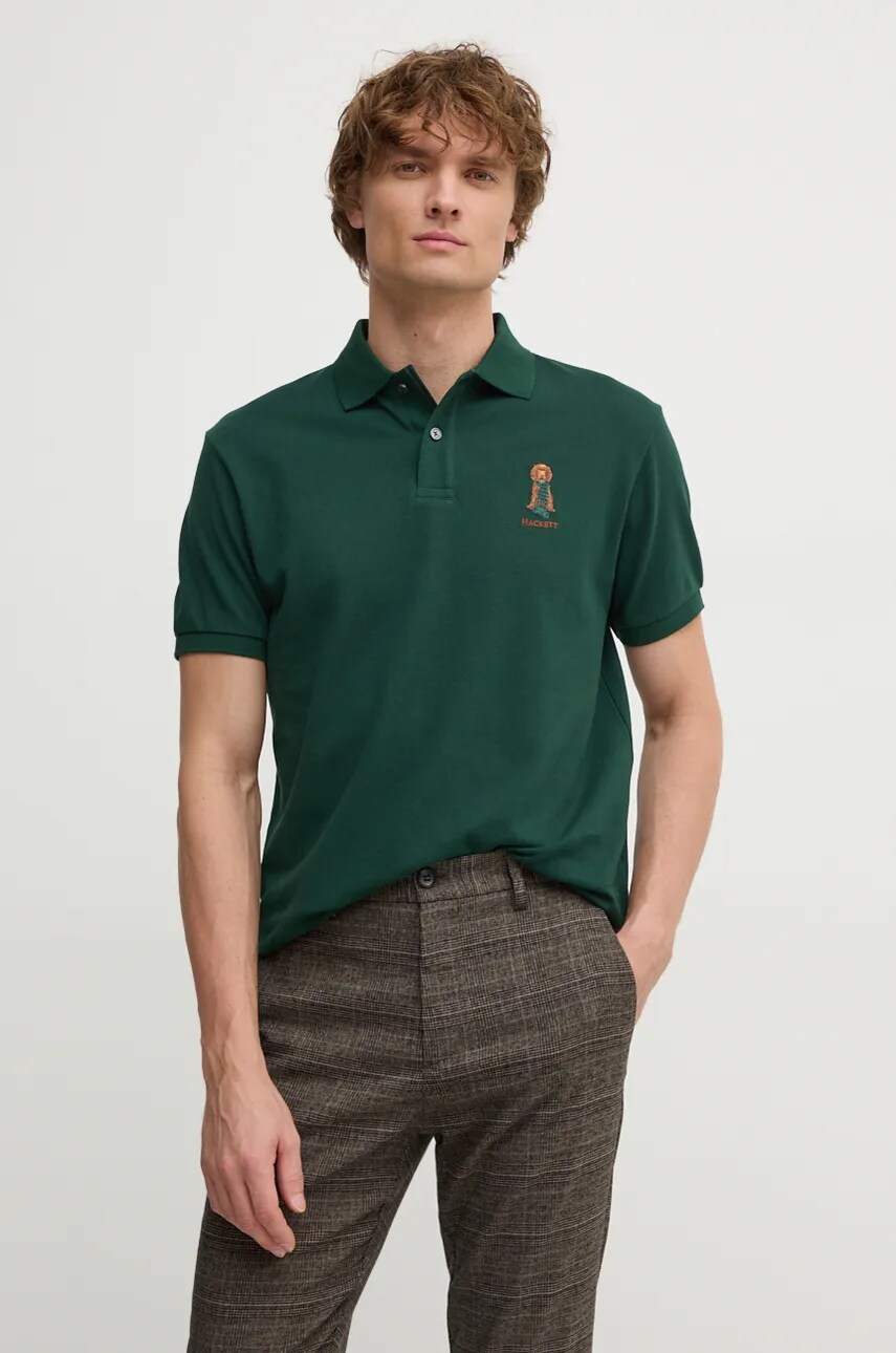 Hackett London polo de bumbac culoarea verde, cu imprimeu, HM563357