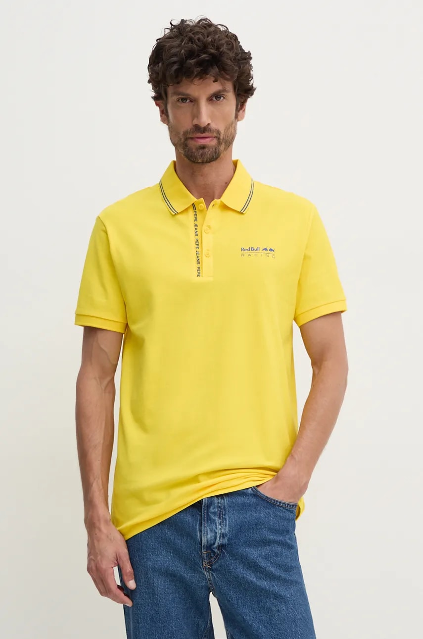 Pepe Jeans tricou polo Red Bull Racing x Pepe Jeans bărbați, culoarea galben, cu imprimeu, RM540001 Pepe Jeans tricou polo Red Bull Racing x Pepe Jeans bărbați, culoarea galben, cu imprimeu, RM540001