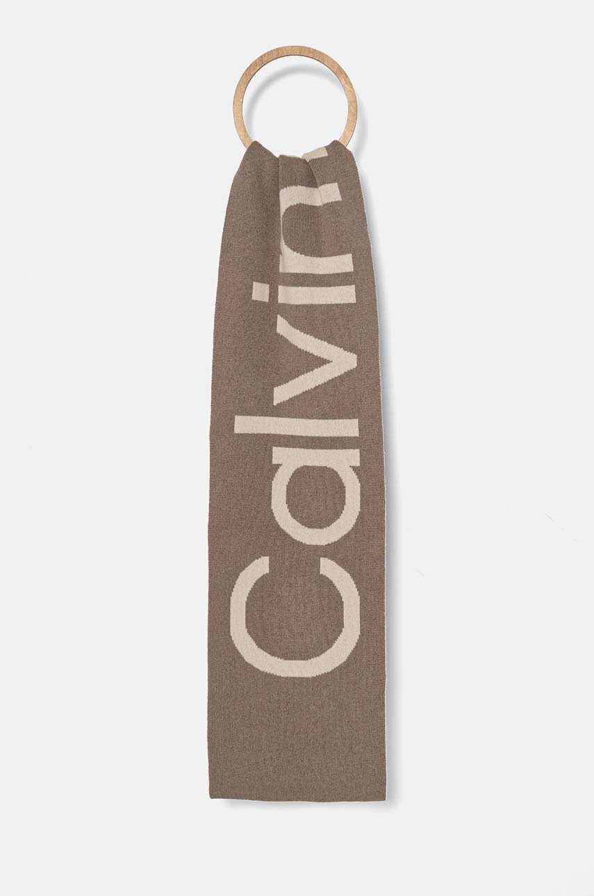 

Вълнен шал Calvin Klein в бежово с десен K60K612605, Бежов
