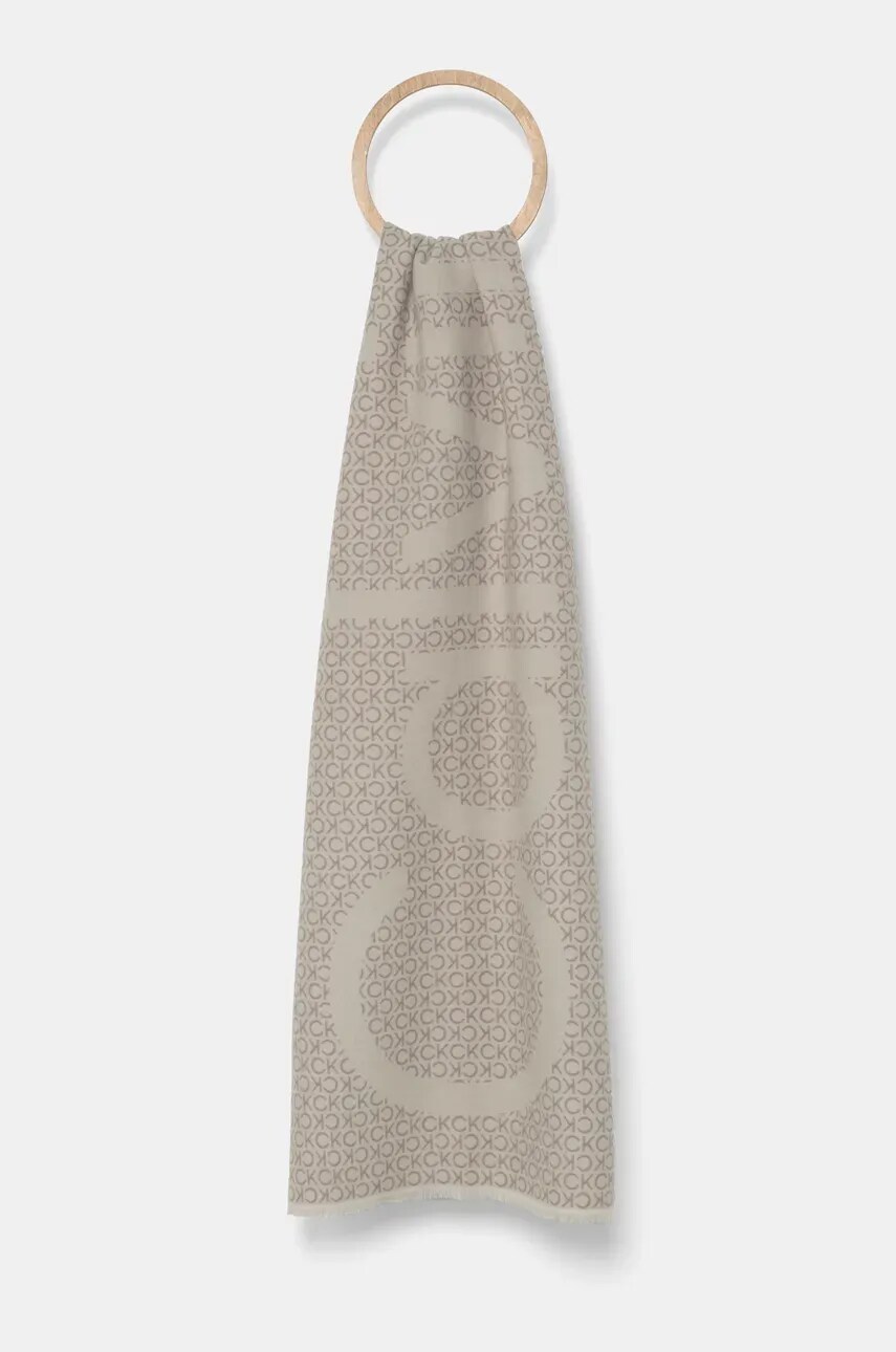 Levně Šátek z vlněné směsi Calvin Klein šedá barva, vzorovaný, K60K612611