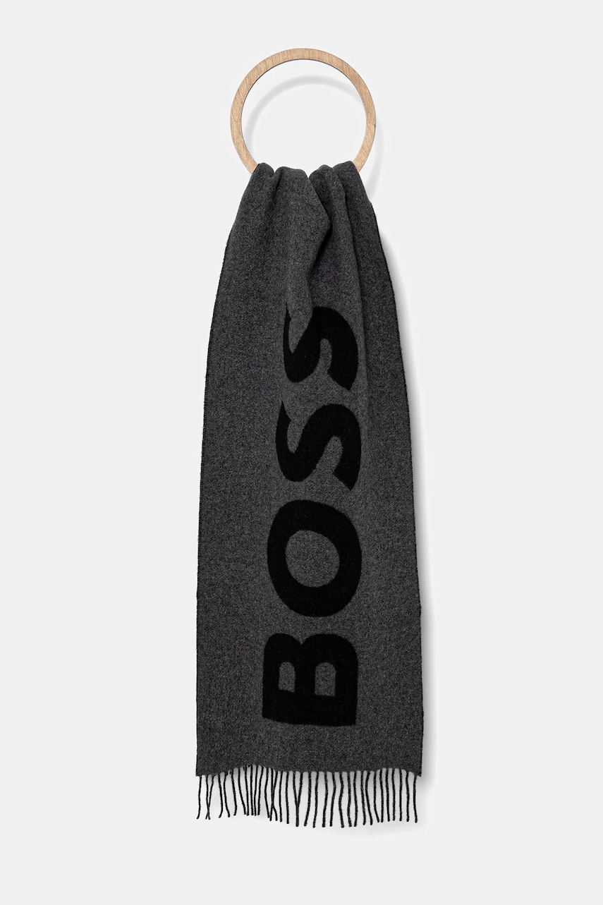 BOSS eșarfă de lână culoarea gri, cu imprimeu, 50527099