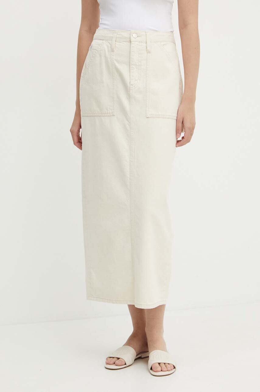 Levně Džínová sukně Calvin Klein Jeans béžová barva, maxi, pouzdrová, J20J223886