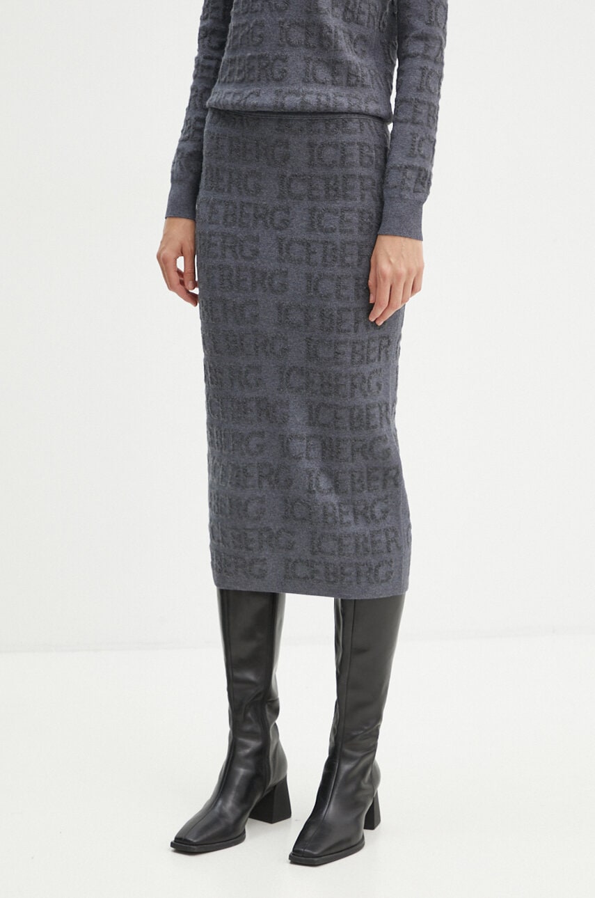 Iceberg fusta de lana culoarea gri, midi, drept, AC01 9030 Iceberg fusta de lana culoarea gri, midi, drept, AC01 9030