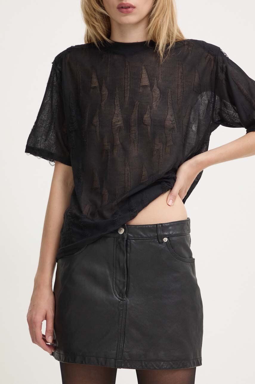 The Kooples fusta de piele culoarea negru, mini, drept, FJUP29013K