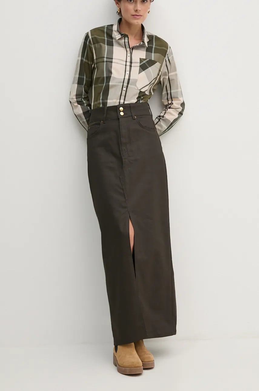 Pepe Jeans fustă din denim MAXI SKIRT HW COATED culoarea maro, maxi, dreaptă, PL901167 Pepe Jeans fustă din denim MAXI SKIRT HW COATED culoarea maro, maxi, dreaptă, PL901167