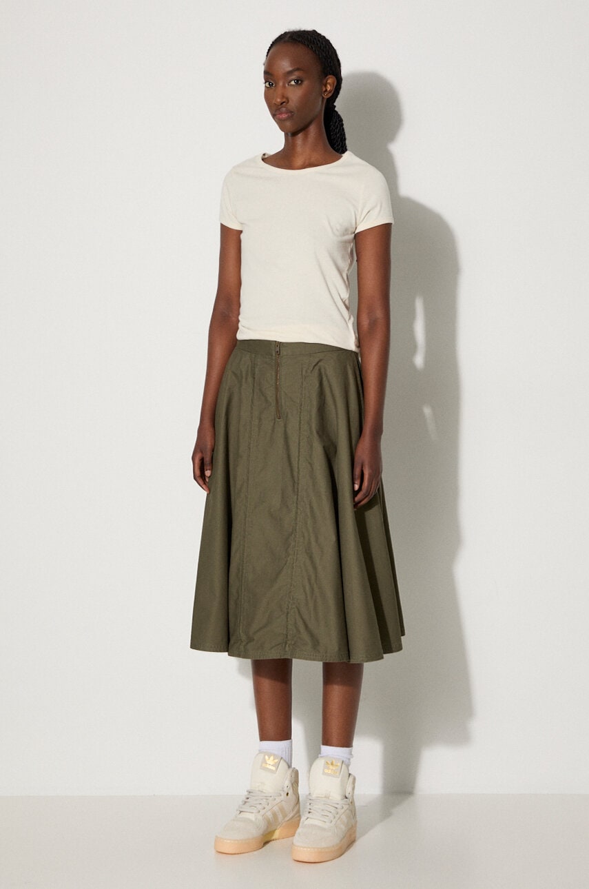 Vans fusta din bumbac Premium Classics LX A-Line Ruched Skirt culoarea verde, midi, evazati, VN000GZ5KCZ1