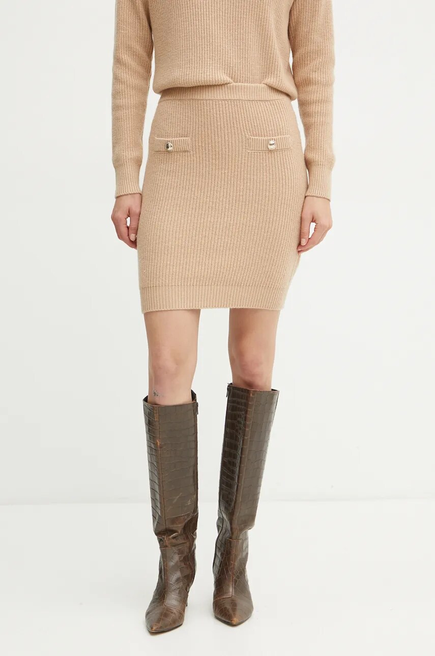 Levně Sukně s příměsí vlny Guess ZYLEE béžová barva, mini, W4BD64 Z2WX0