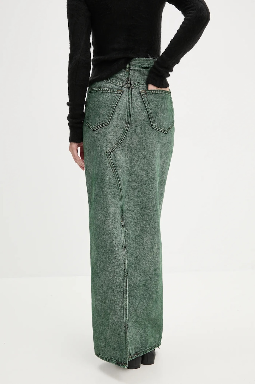 MM6 Maison Margiela fusta jeans culoarea verde, maxi, drept, S62MI0021.S30652
