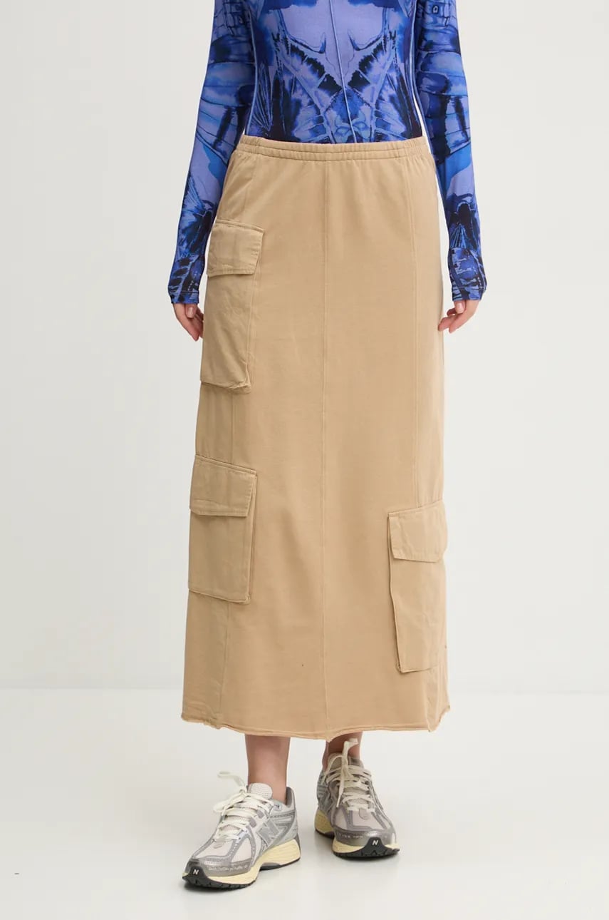 Desigual fusta din bumbac PRESTON culoarea bej, maxi, evazati, 24WWFK02 Desigual fusta din bumbac PRESTON culoarea bej, maxi, evazati, 24WWFK02