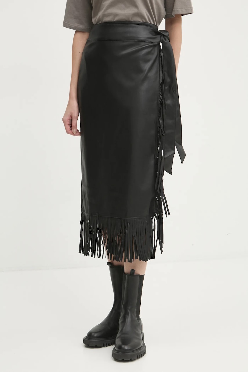 Never Fully Dressed fustă de piele Vegan Leather Fringe Jaspre culoarea negru, midi, creion, NFDSK573 Never Fully Dressed fustă de piele Vegan Leather Fringe Jaspre culoarea negru, midi, creion, NFDSK573