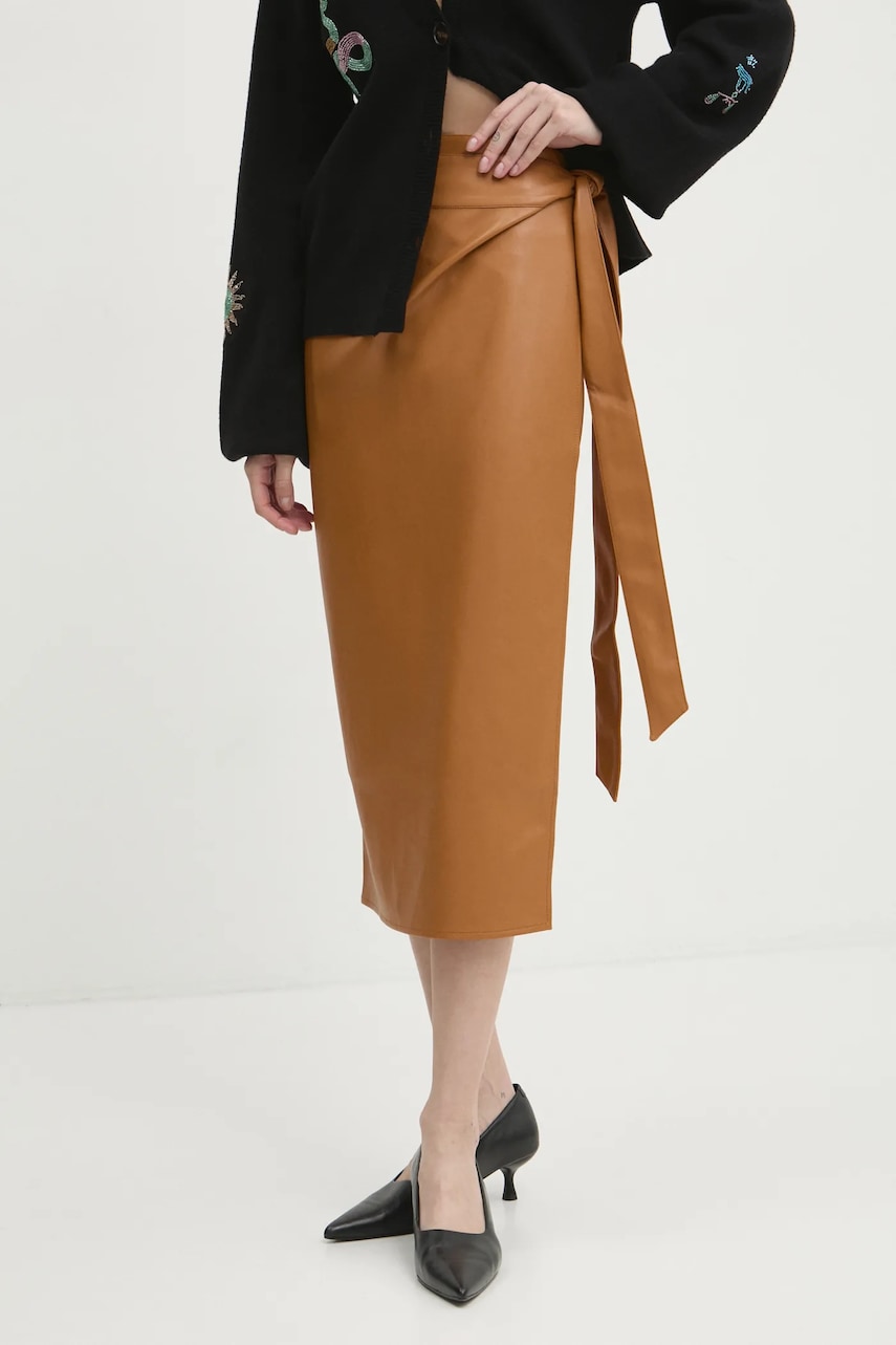 Never Fully Dressed fustă Vegan Leather Jaspre Skirt culoarea maro, midi, creion, NFDSK473 Never Fully Dressed fustă Vegan Leather Jaspre Skirt culoarea maro, midi, creion, NFDSK473