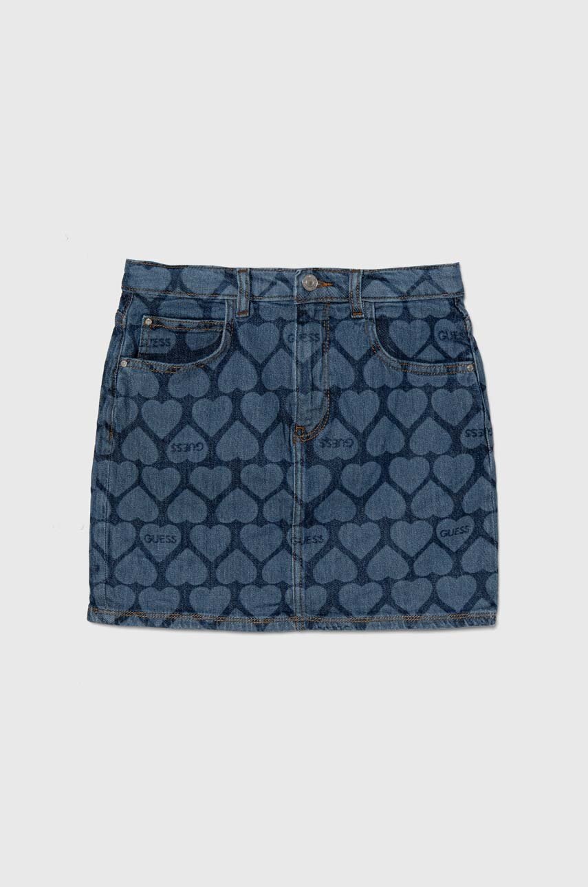

Детска дънкова пола Guess в синьо къса с кройка тип молив J4YD01 D4WF0, Син