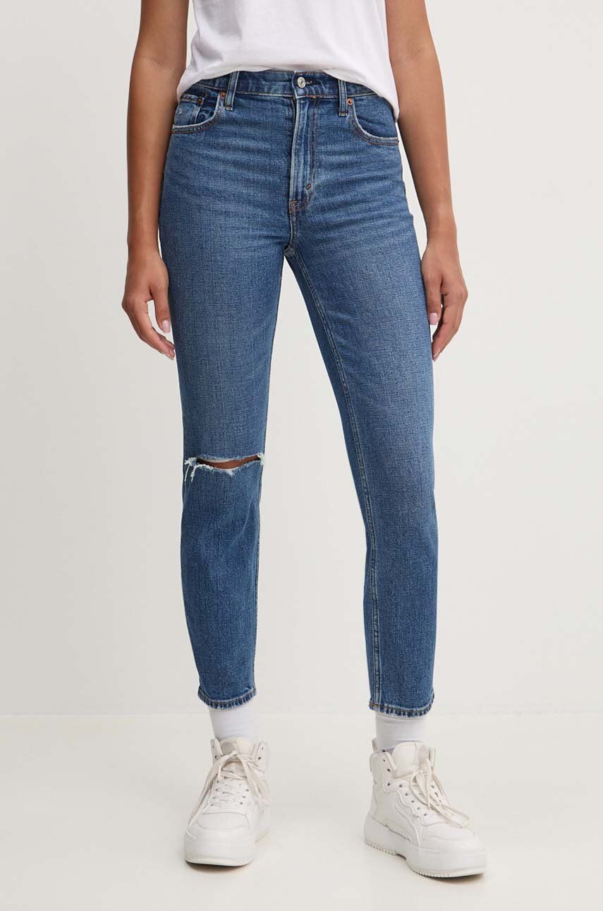 Abercrombie & Fitch jeansi femei, culoarea albastru marin, KI155-3348