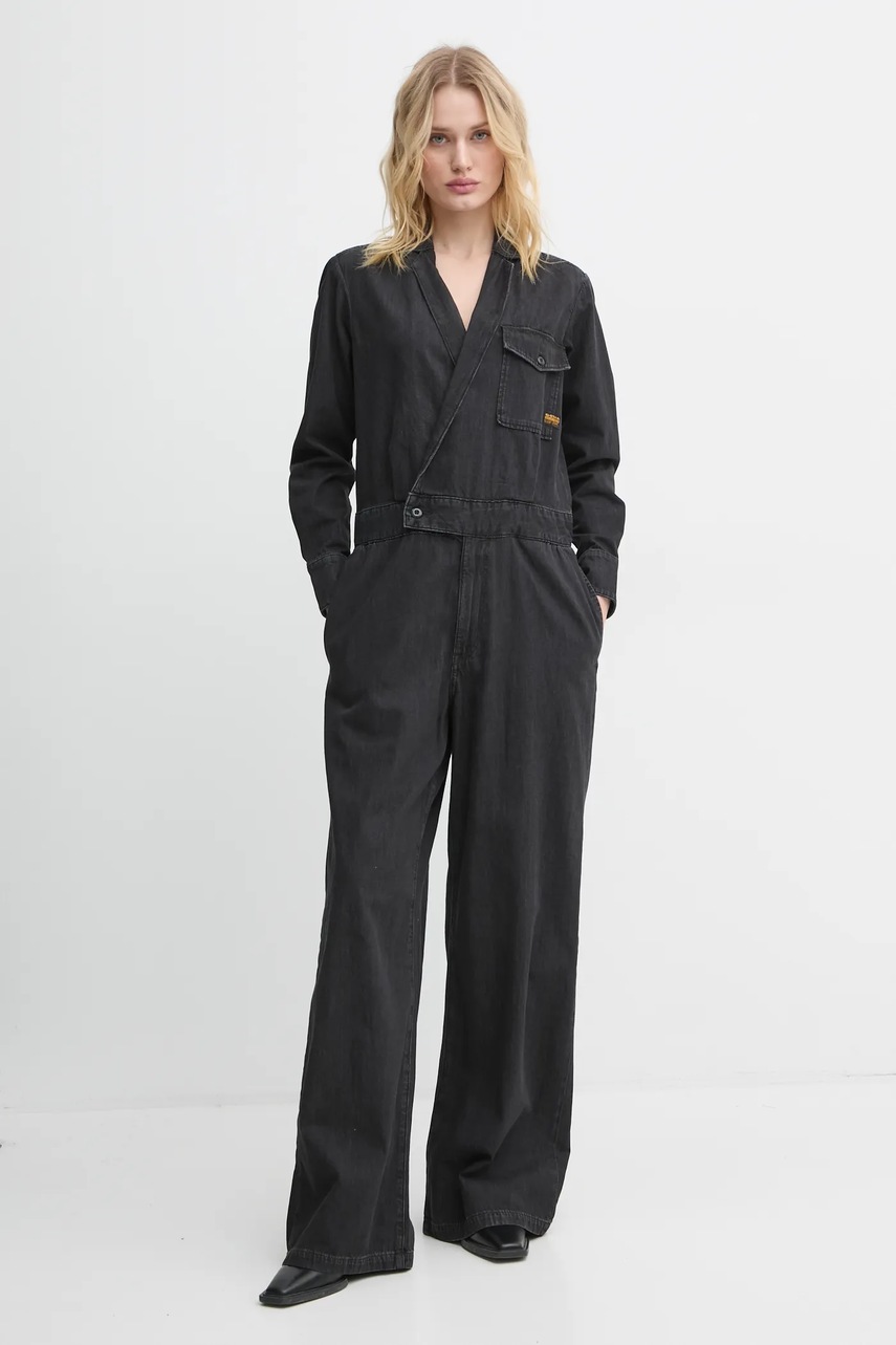 G-Star salopetă jeans culoarea negru, bumbac, cu decolteu in v, D25317-D540