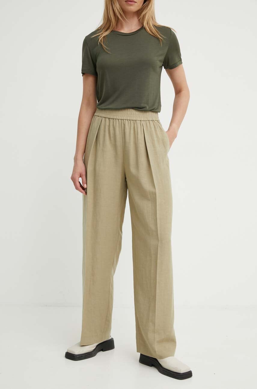Samsoe Samsoe pantaloni din amestec de in SAJULIA culoarea verde, drept, high waist, F24200098 Samsoe Samsoe pantaloni din amestec de in SAJULIA culoarea verde, drept, high waist, F24200098