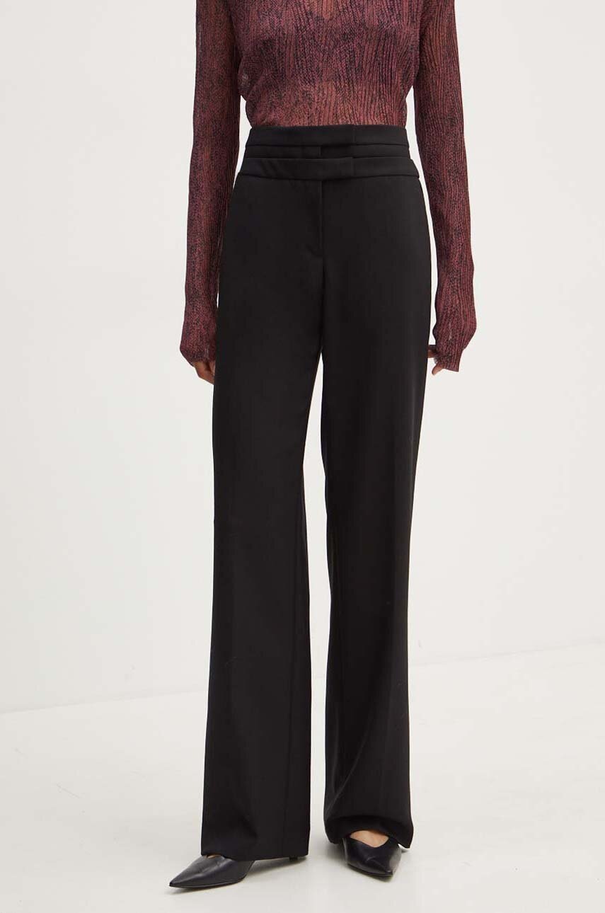 BOSS pantaloni de lana culoarea negru, drept, high waist, 50518404