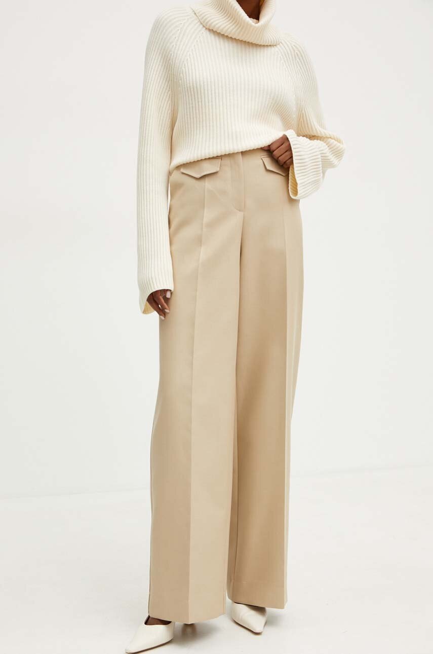 BOSS pantaloni femei, culoarea bej, lat, high waist, 50518445
