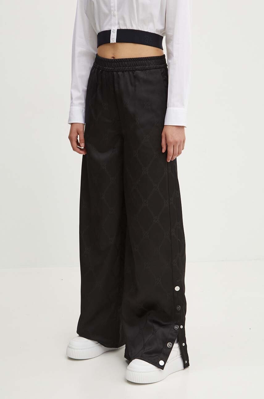 HUGO pantaloni femei, culoarea negru, lat, high waist, 50518017