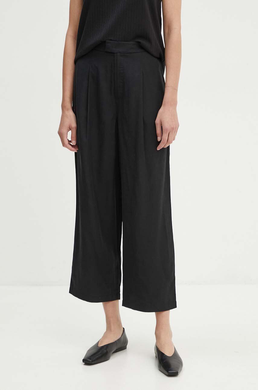 Marc O'Polo pantaloni din amestec de in DENIM culoarea negru, drept, high waist, 5000000189