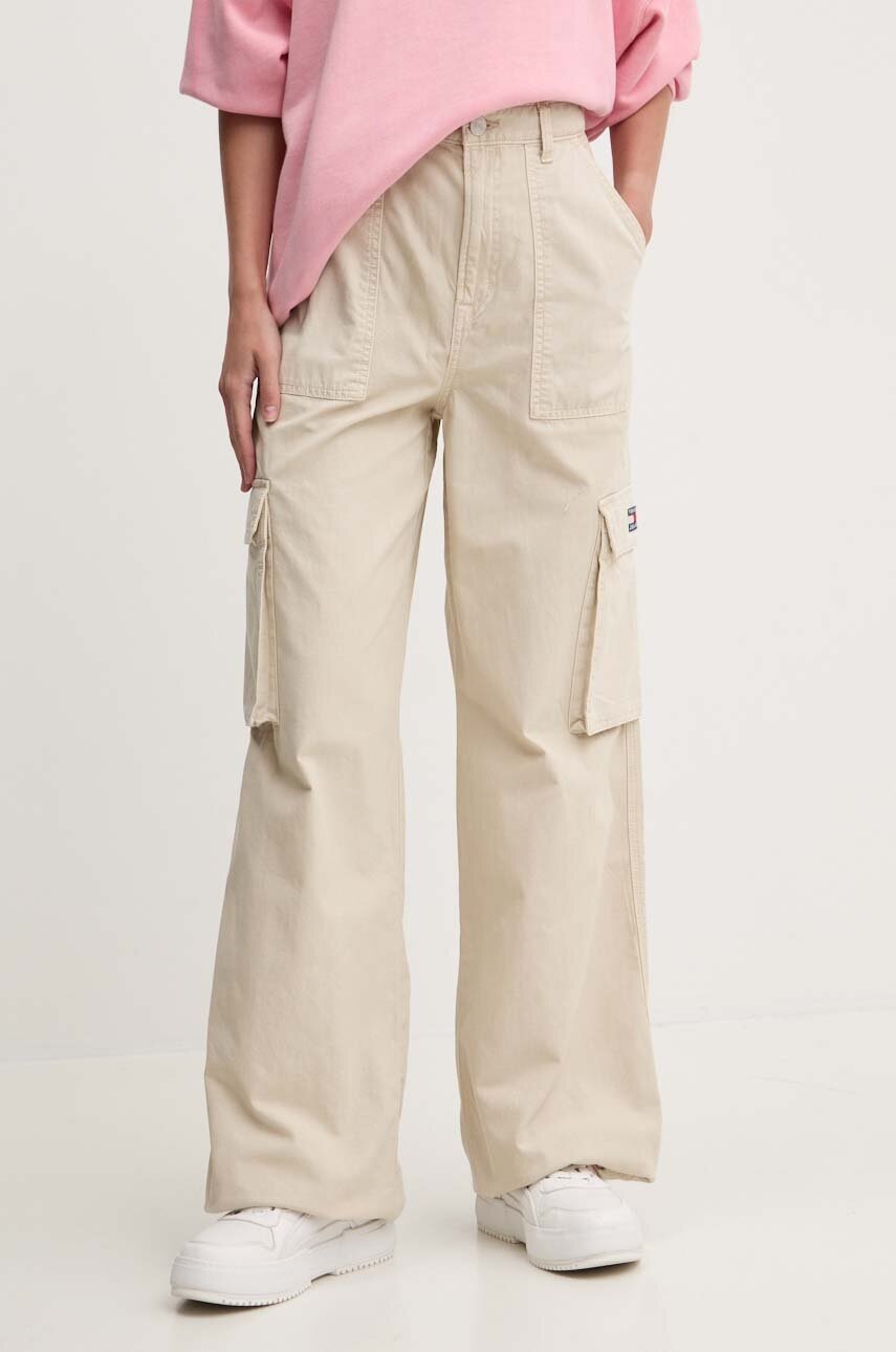 Tommy Jeans pantaloni de bumbac culoarea bej, lat, high waist, DW0DW18507