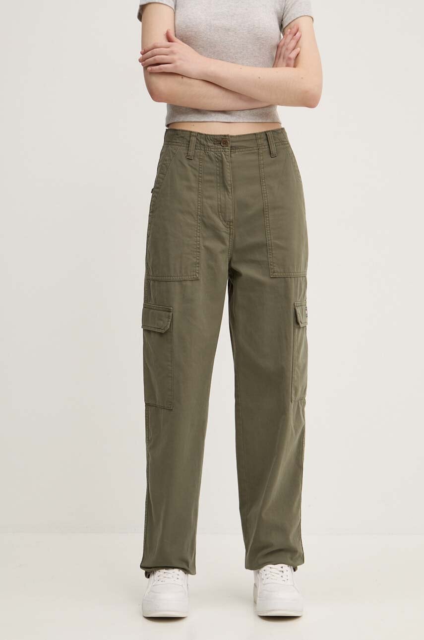 Tommy Jeans pantaloni de bumbac culoarea verde, fason cargo, high waist, DW0DW18510