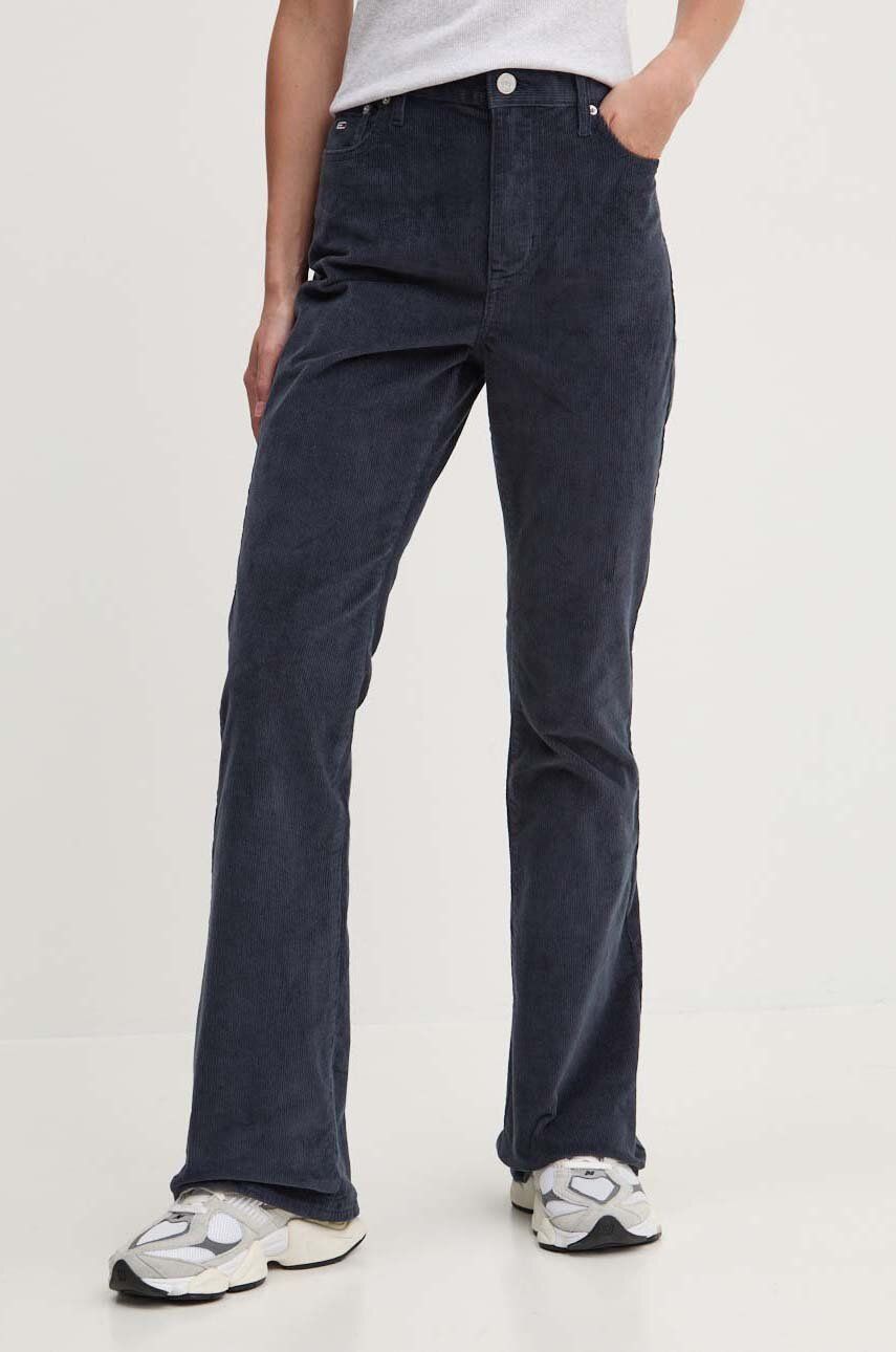 Tommy Jeans pantaloni de catifea cord culoarea albastru marin, evazati, high waist, DW0DW18502