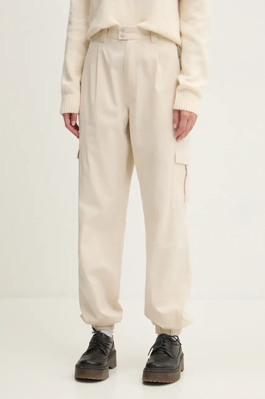 Kalhoty Tommy Jeans dámské, béžová barva, kapsáče, high waist, DW0DW18592