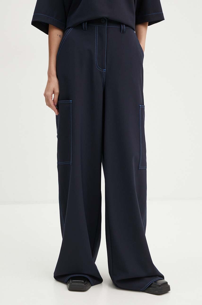 Sunnei pantaloni din lana culoarea albastru marin, drept, high waist, RTWWBOT002
