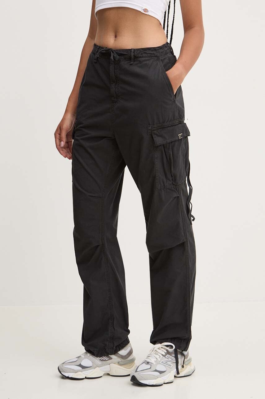 Superdry pantaloni de bumbac culoarea negru, drept, high waist, W7011070A-02A