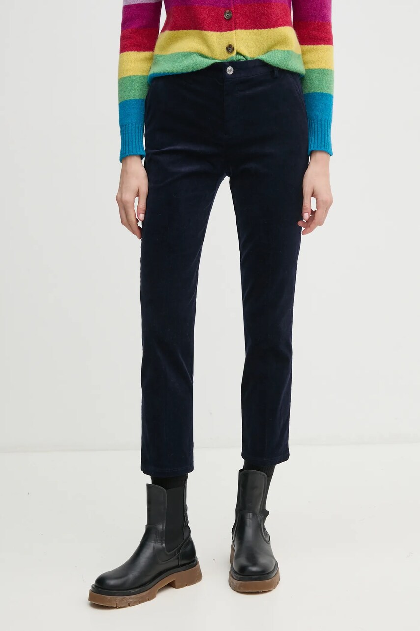 United Colors of Benetton pantaloni de catifea cord culoarea bleumarin, fason țigaretă, high waist, 4MIQDF07W