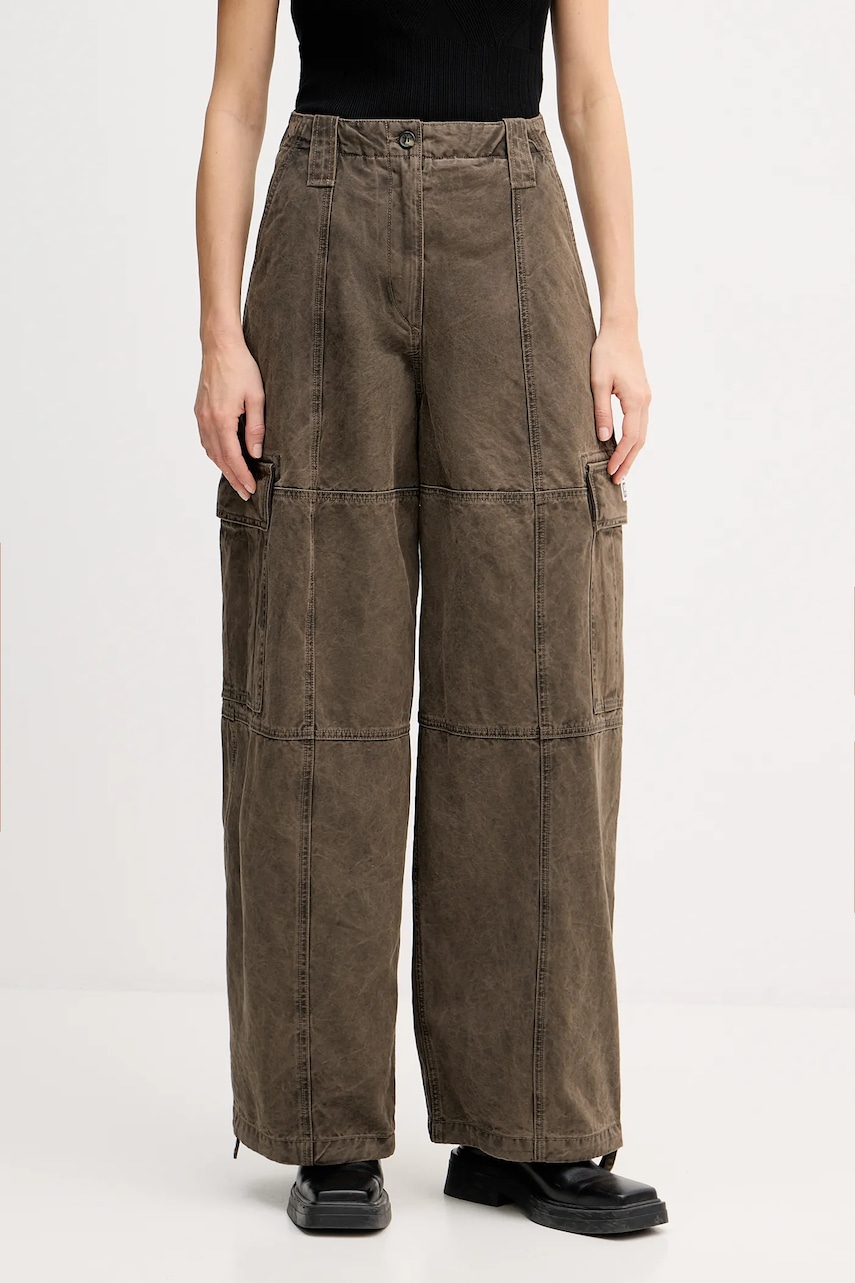 Kenzo pantaloni de bumbac Dyed Canvas Cargo Pants culoarea maro, lat, high waist, FE62PA0909GK.92