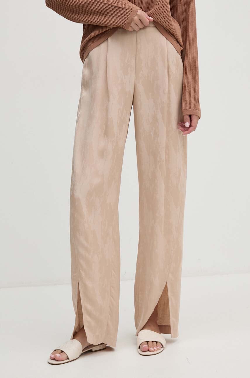 Sisley pantaloni din amestec de in culoarea bej, lat, high waist, 43MELF05I
