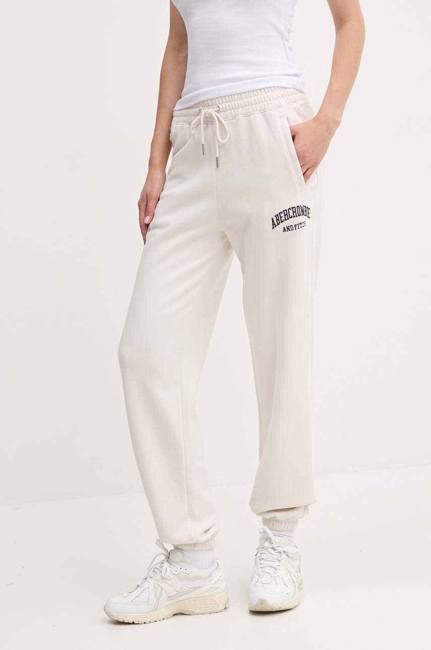 Abercrombie & Fitch pantaloni de trening culoarea bej, cu imprimeu, KI147-4358