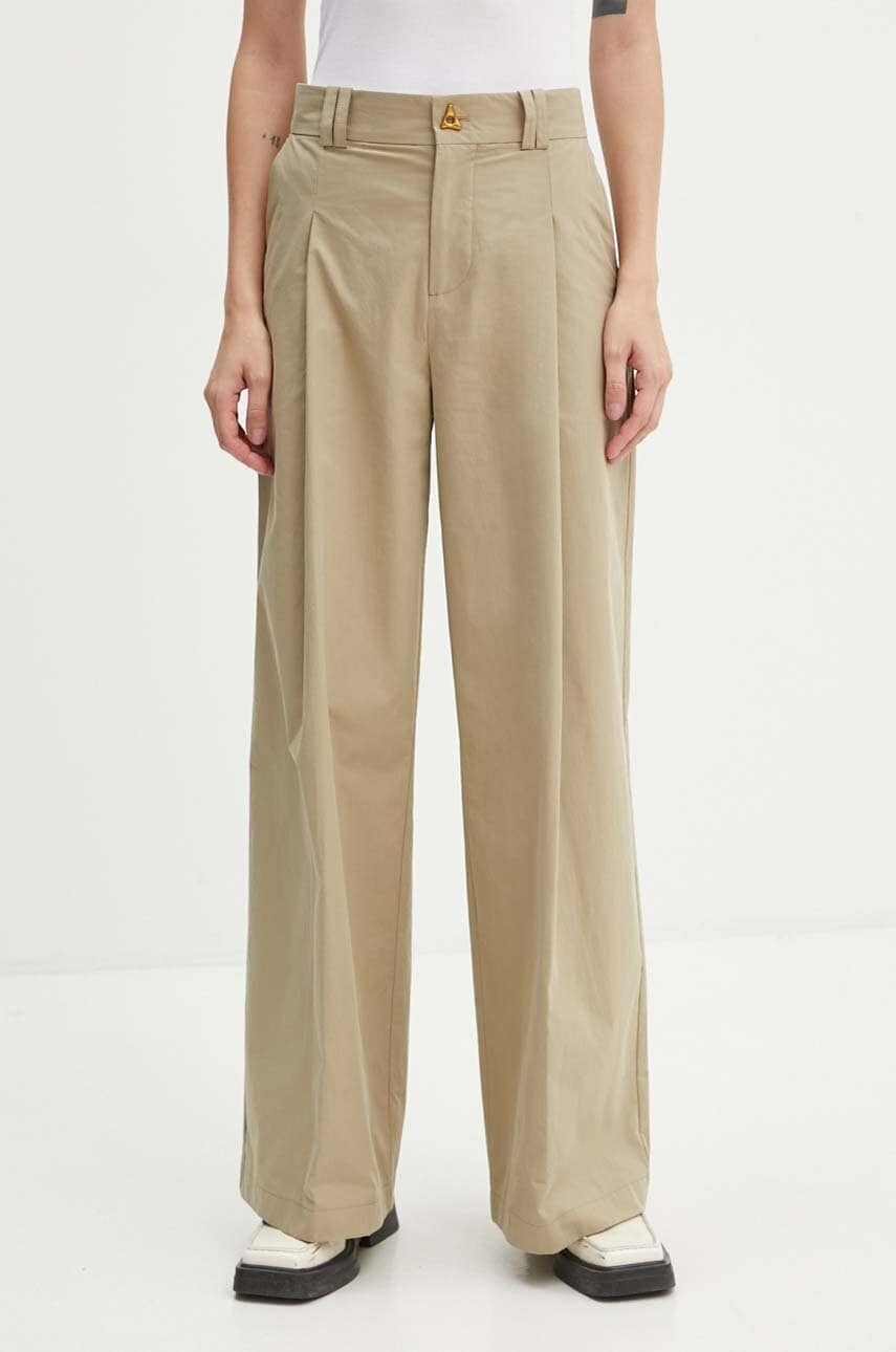 AERON pantaloni de bumbac culoarea bej, lat, high waist, PFPA249512 AERON pantaloni de bumbac culoarea bej, lat, high waist, PFPA249512