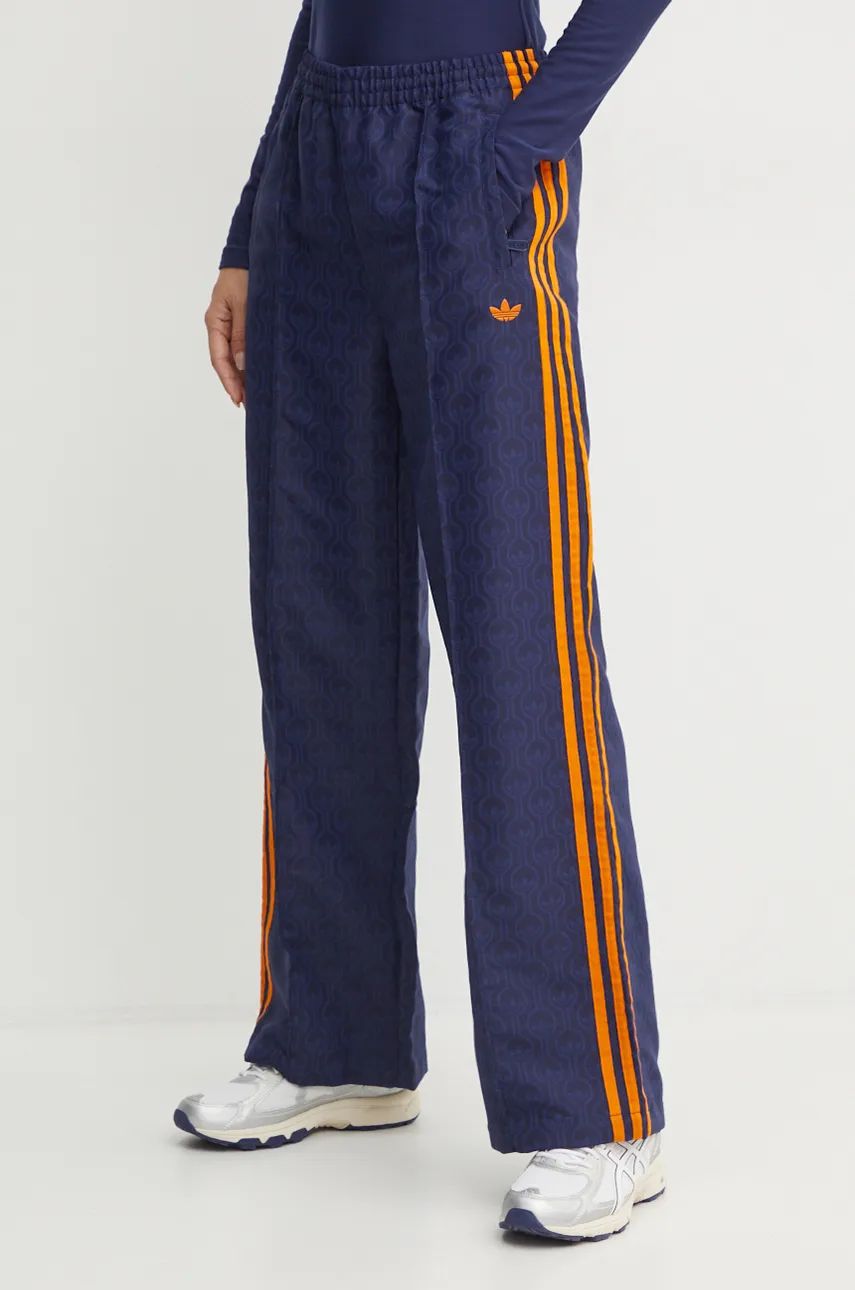 Hlače adidas Originals Oversized Monogram Track Pant za žene, boja: tamno plava, široke, visoki struk, JN8306