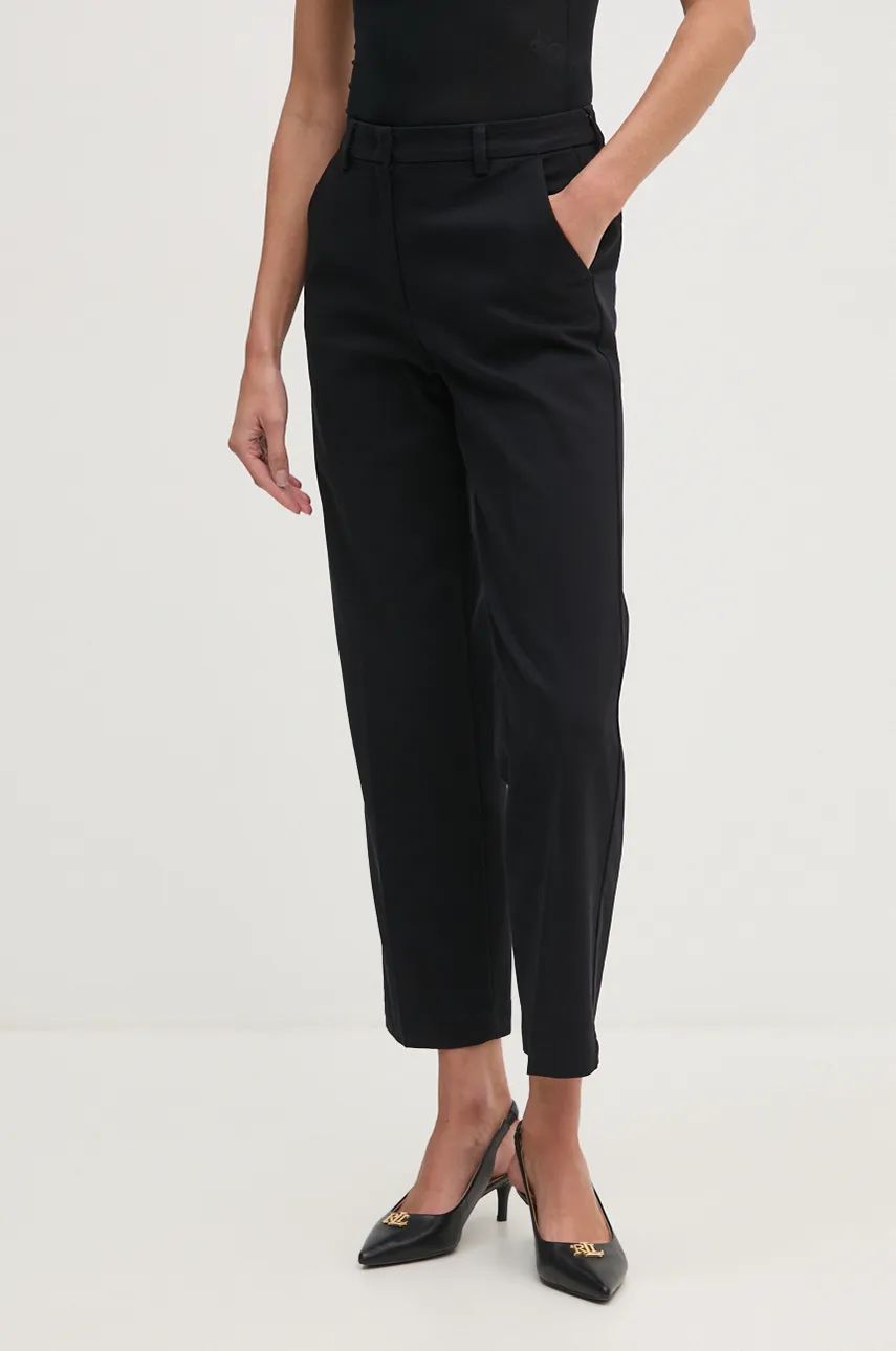 Sisley pantaloni femei, culoarea negru, drept, high waist, 4K2ZLF03V