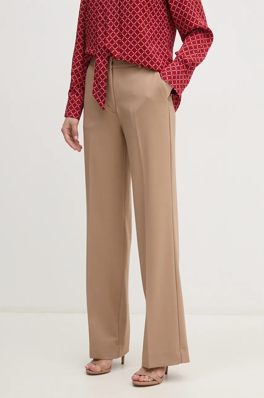 Levně Kalhoty s příměsí vlny Calvin Klein hnědá barva, jednoduché, high waist, K20K207590