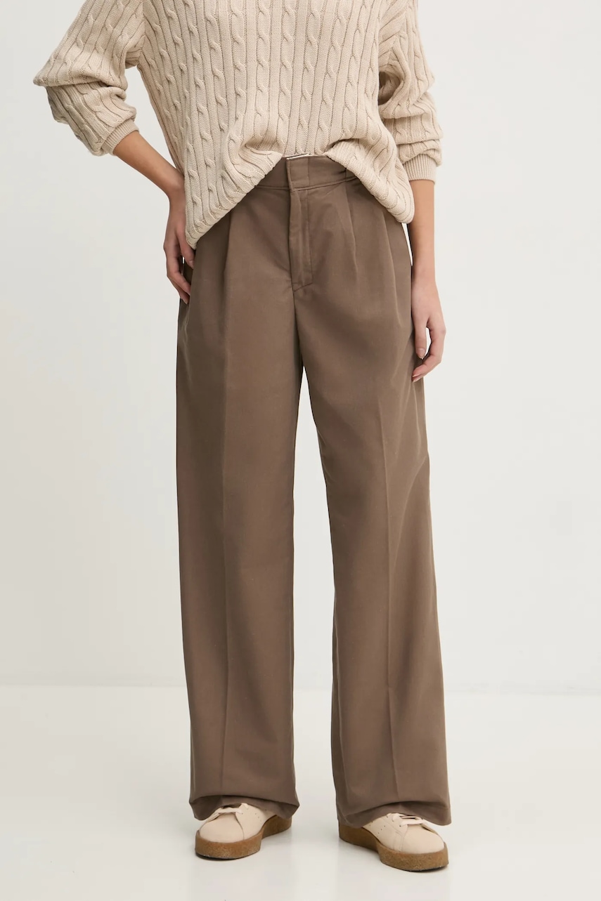 Dickies pantaloni PLEATED femei, culoarea maro, lat, high waist, DK0A863M